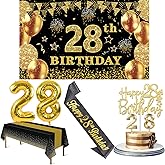 28th Birthday Decorations Men Women with 28th Birthday Banner, Black and Gold Table Cloth, Number Balloons, Large Sash, Cake Topper and Candles