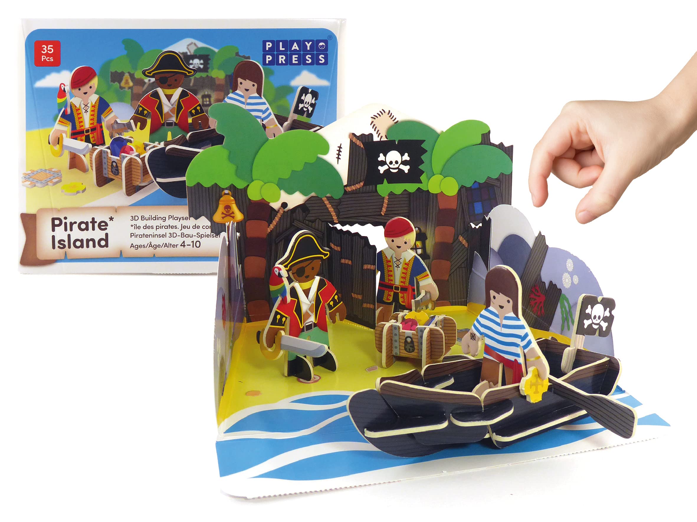 PLAYPRESS Pirate Island Pop-out Playset - Eco-Friendly Building Toys - Easy Storage - Construction Toys for Ages 4+