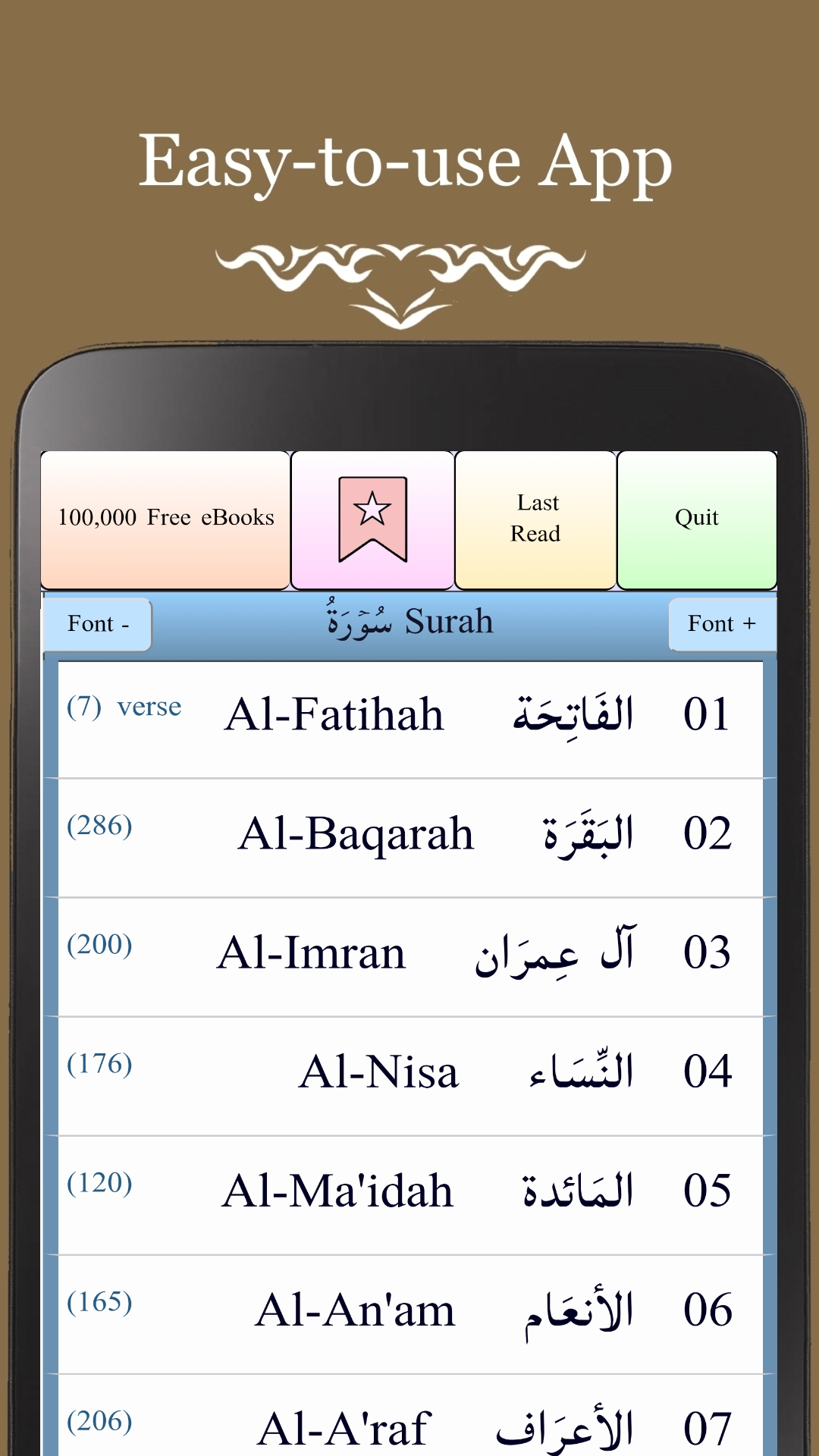 NO ADS! Android's Free Quran (Koran) Book in Arabic (Easy-to-use Quran App with Auto-Scrolling, Notepad, Highlight, Bookmark, 7 Arabic Fonts, Offline & Many More!) FREE QURAN Ebook Reader!This app may not work with old Kindles/Fires.