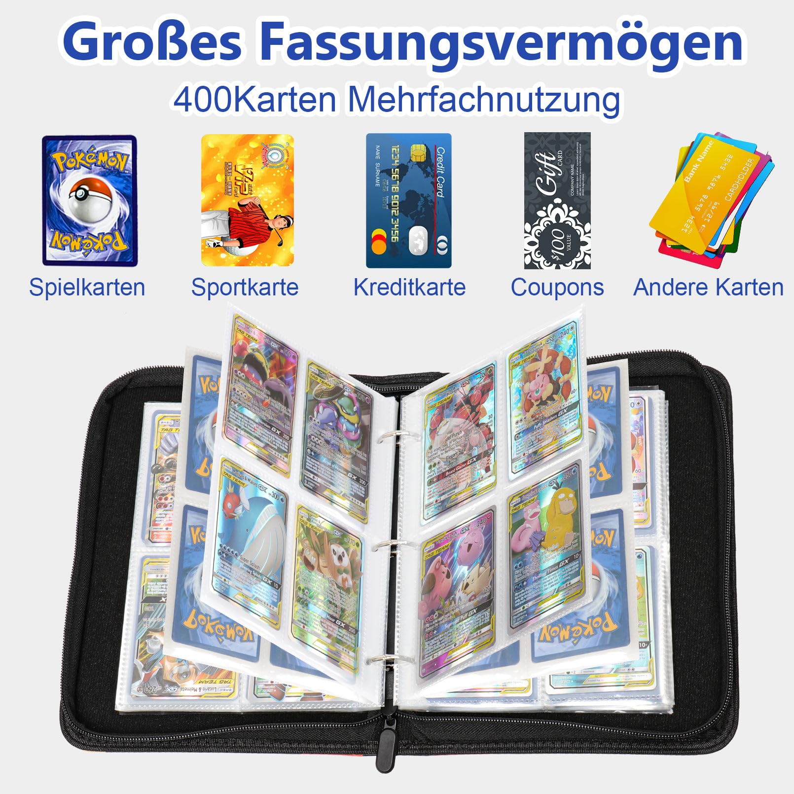 Sammelalbum für Pokemon Karten, 50 Seiten 400 Taschen Sammelkarten Album, Tragbar Wasserdicht PU Karten Halter Heft Ordner Buch, Sammelkartenalben für Sammler gg4 5