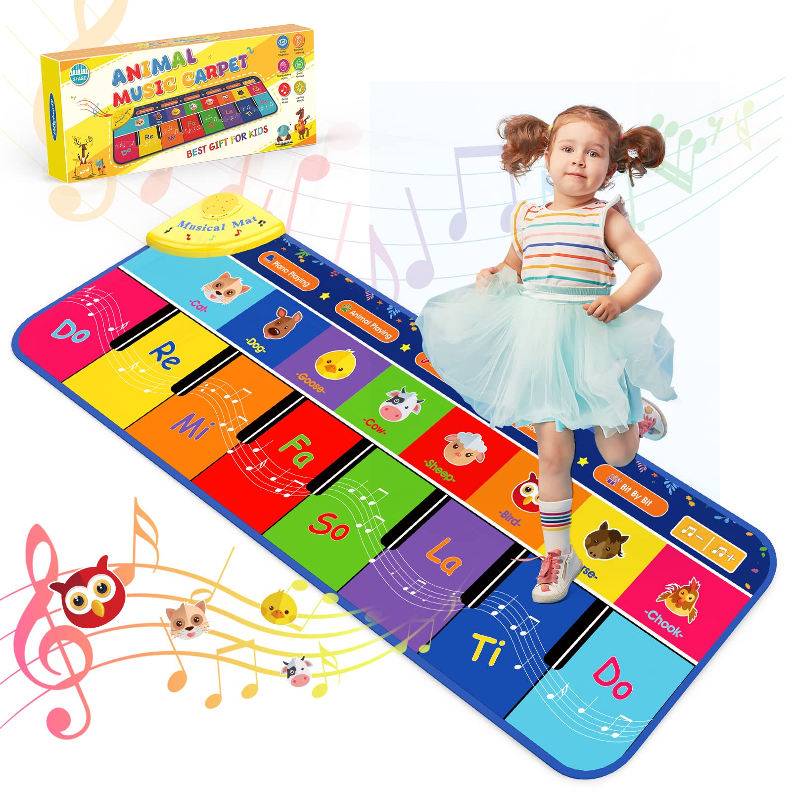 Gralal Musical Piano Dance Mat for 1-4 Year Old Boys Girls, Portable Large Educational Toy Gift for Toddlers Kids Birthday Easter - 110x36 cm