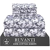 RUVANTI 6 Pcs Cotton Sheets - 100% Natural Cotton Soft, Lightweight & Breathable Crispy Percale Bed Sheets, King Size Sheets Set 16" Deep Pockets, Paisley Ornament