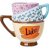 Silver Buffalo Gilmore Girls Stars Hollow Destination Locations: Luke’s Diner, Doose’s Market, and Dragonfly Inn Ceramic 3D Sculpted Stacked Teacup Mug, 20 Ounces
