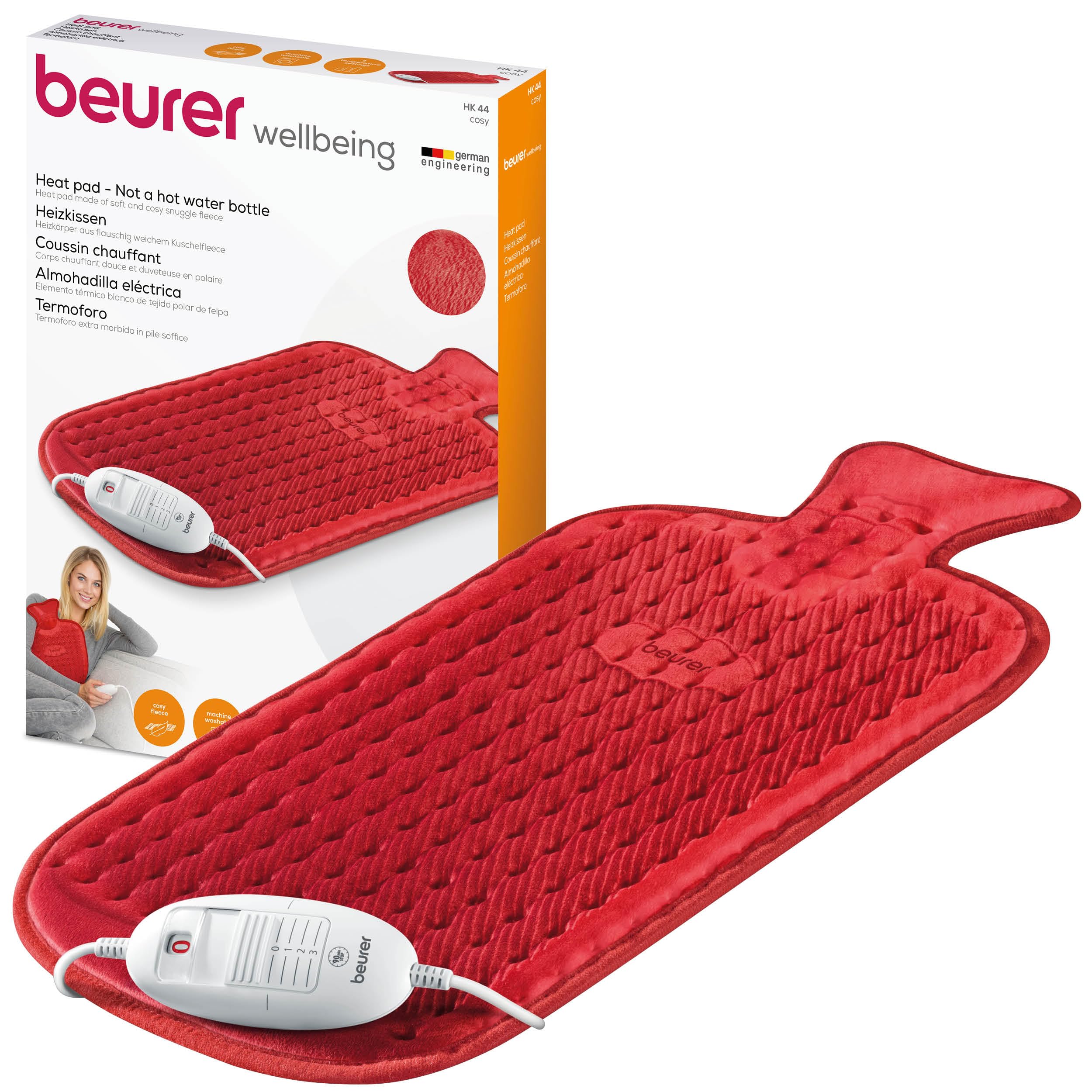Beurer HK44UK Heat Pad | Soft and cosy electric heat pad | Rapid warm-up function | 3 electronically regulated temperature settings | Machine-washable | The NEW-AGE hot water bottle, 50 x 30 cm, Red