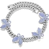 DXZNBEST 18 Inch 13mm Butterfly Cuban Necklace Collar Miami Link Choker Iced Out Bling Chain for Women Hip Hop Rapper Mother's Day Christmas
