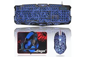 BlueFinger Backlit Gaming Keyboard, Mouse and LED Headset Combo - USB Wired 3 Color Crack Backlit, Blue LED Light Headset - S