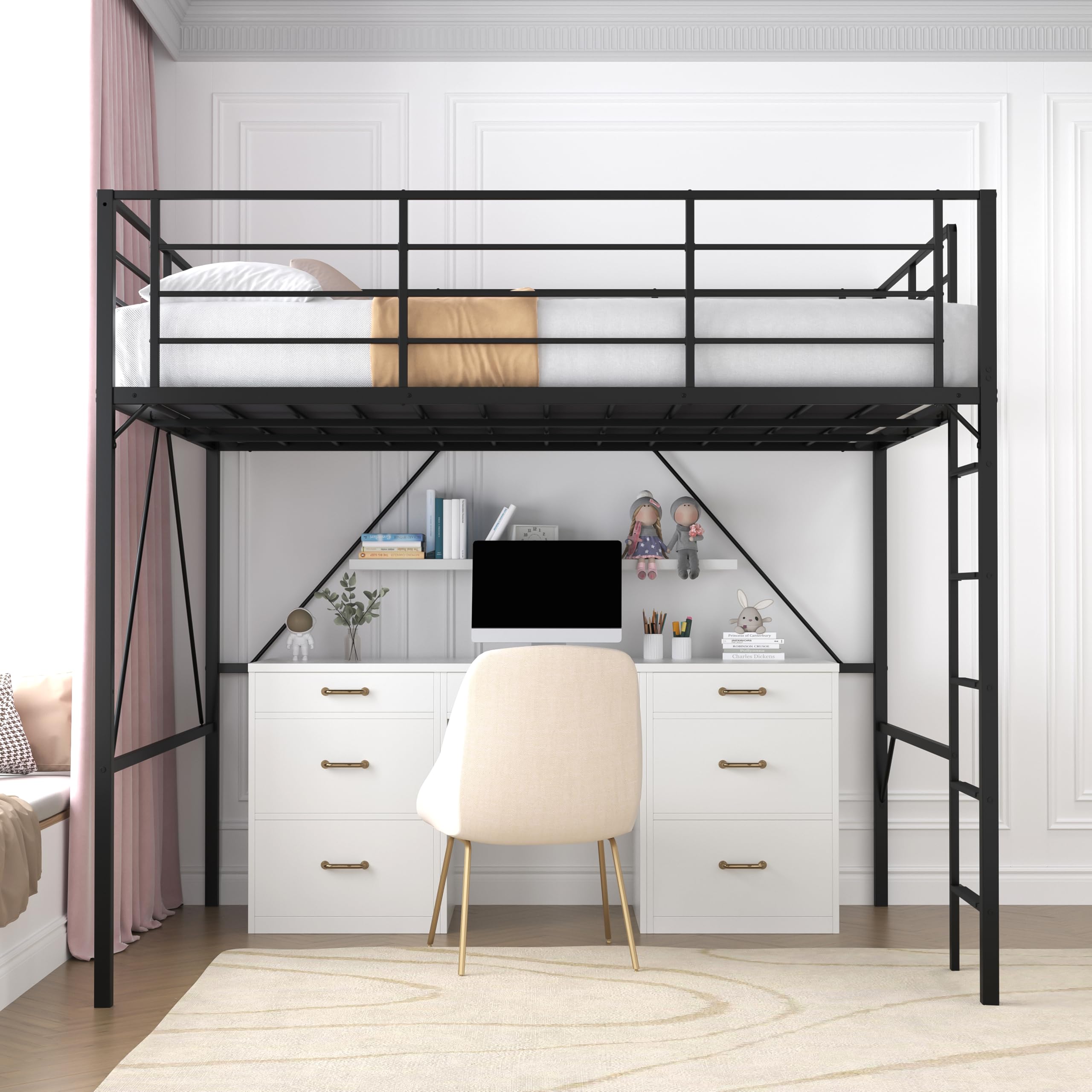 Photo 1 of Realhotan 75Inch Queen Loft Bed with Ladder and High Guardrail, No Box Spring Required,Space-Saving,No Sagging Metal Slat Support Heavy Duty Bedframe, Black