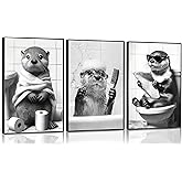 3Pcs Cute Otter Canvas Wall Art Black And White Animal Poster Print Funny otter bathing and reading newspaper Picture Painting Wall Decor for Bathroom Restroom Home Decoration Unframed