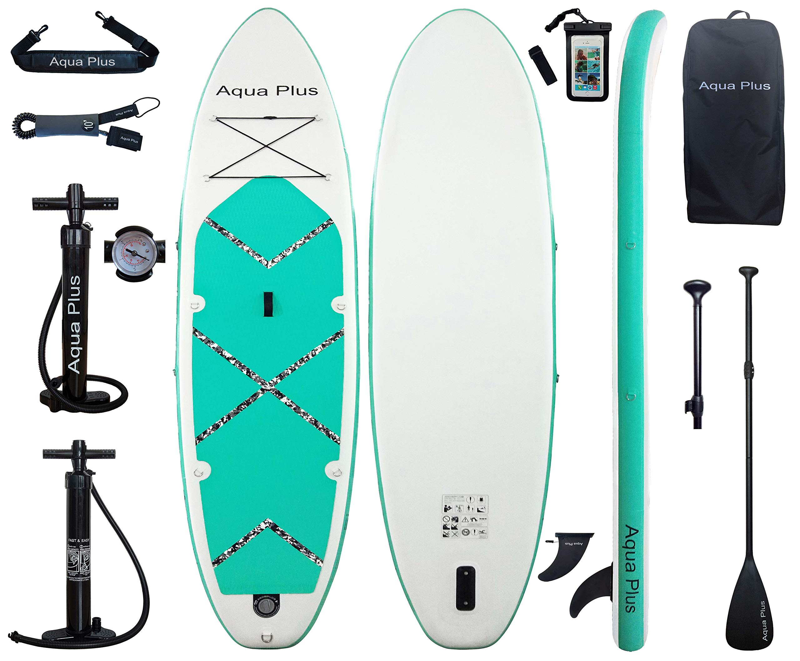 Aqua Plus 11ftx33inx6in Inflatable SUP for All Skill Levels Stand Up Paddle Board, Adjustable Paddle,Double Action Pump,ISUP Travel Backpack, Leash,Shoulder Strap,Youth & Adult Inflatable Paddle Board