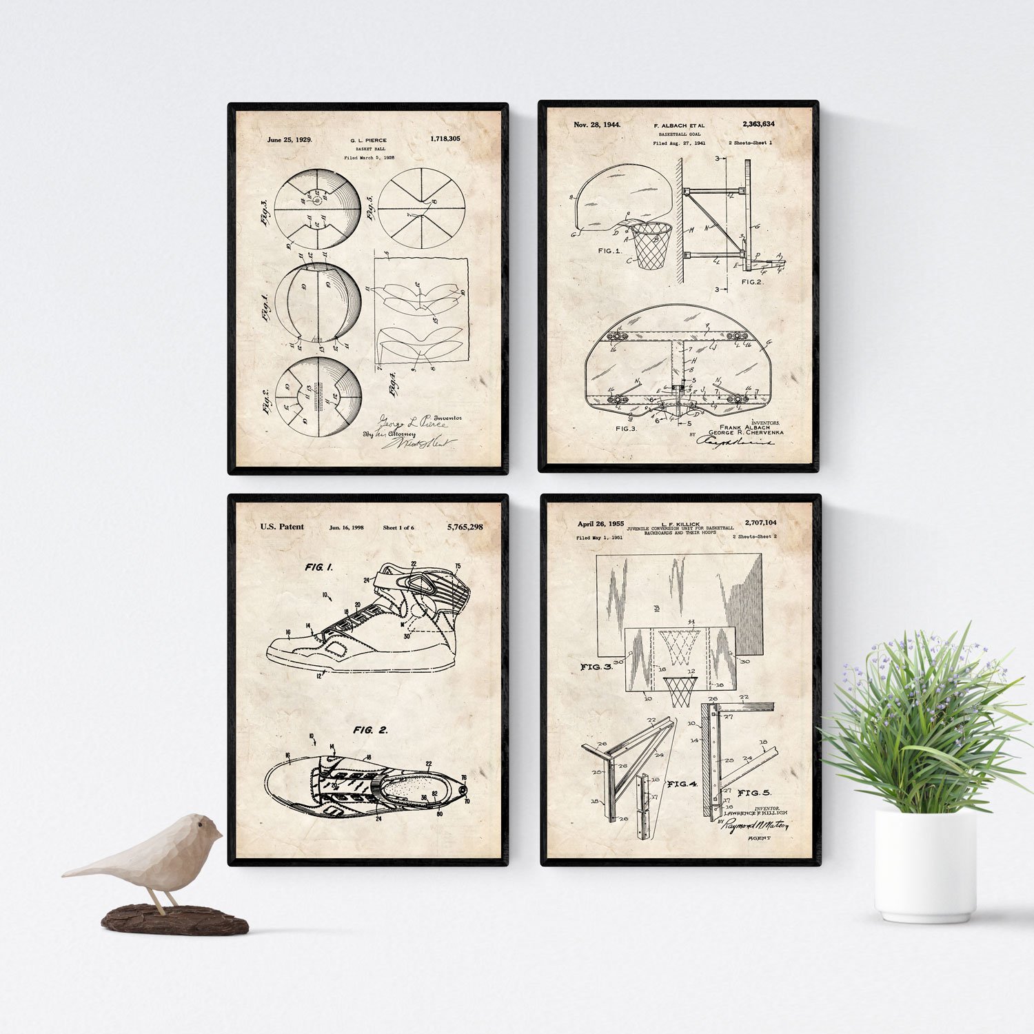 Nacnic VINTAGE - Pack of 4 sheets with Patent BALONCESTO 2. Set posters with inventions and old patents. Choose the color you like. Printed on 250 grams — image 1