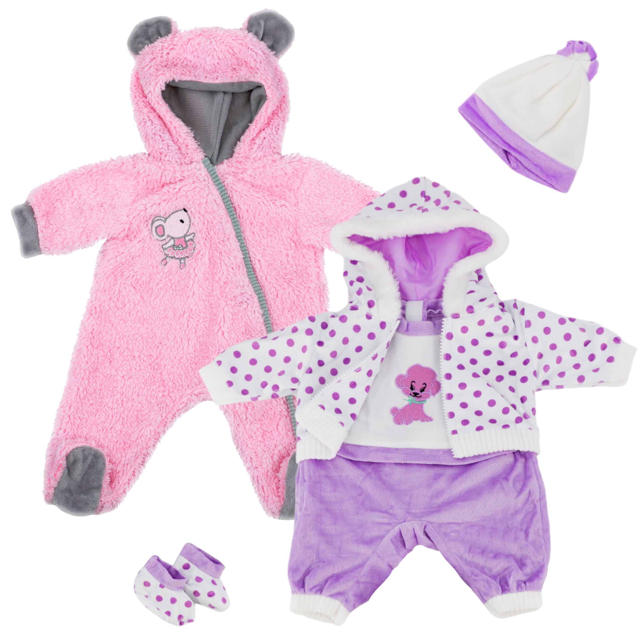 BiBi Doll Baby Girl Doll Clothes Set, 18" (45cm) - Pack of 2 Pink & Purple Outfits Including Mouse Jumpsuit & Puppy Shirt - Role Play Toys & Accessories for Girls & Boys, 18 Months+