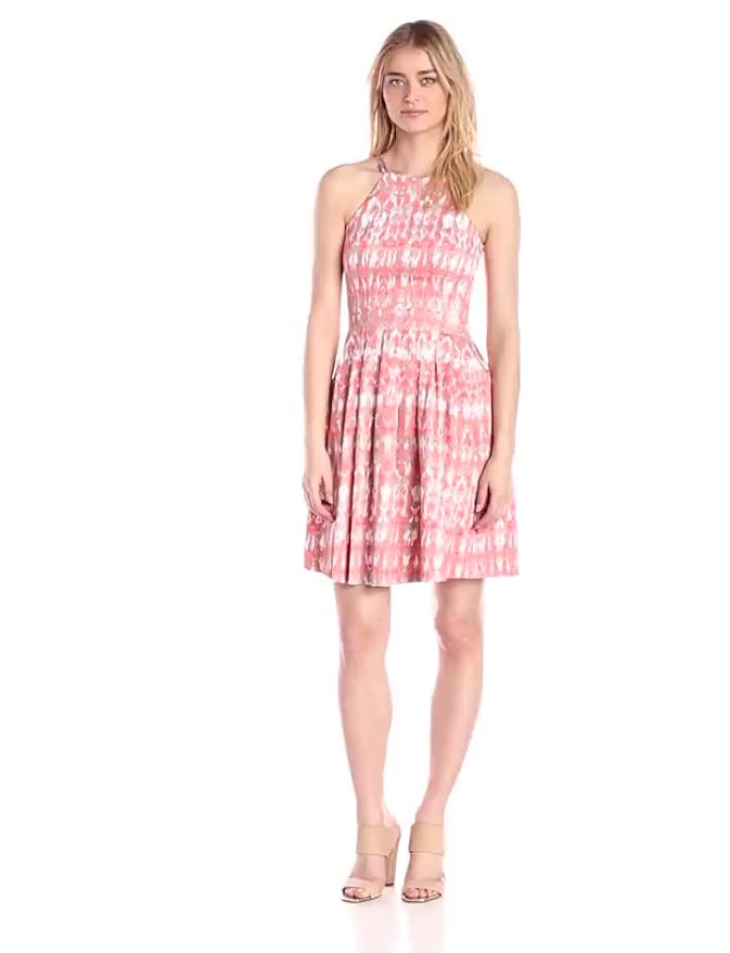 Calvin Klein Women's Halter Neck Fit-and-Flare Dress, Porcelain/Multi, 10