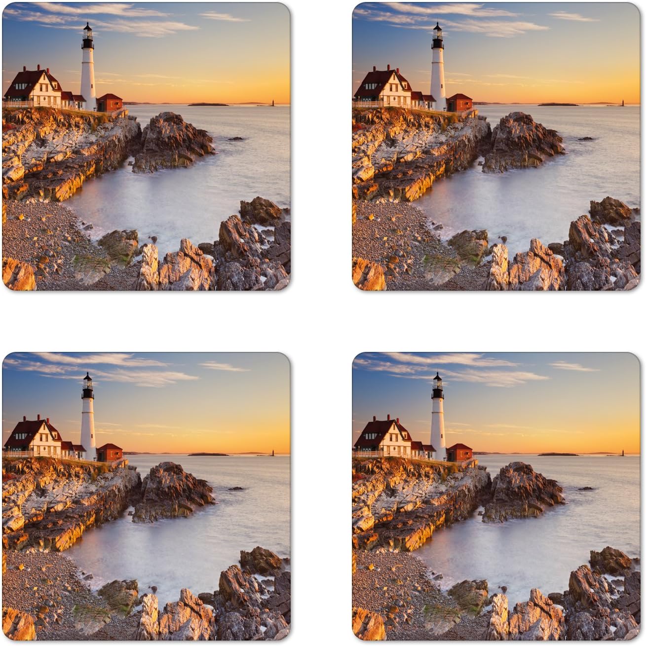 Ambesonne United States Coaster Set of 4, Cape Elizabeth Maine River Portland Lighthouse Sunrise USA Coast Scenery, Square Hardboard Gloss Coasters, Standard Size, Blue Tan