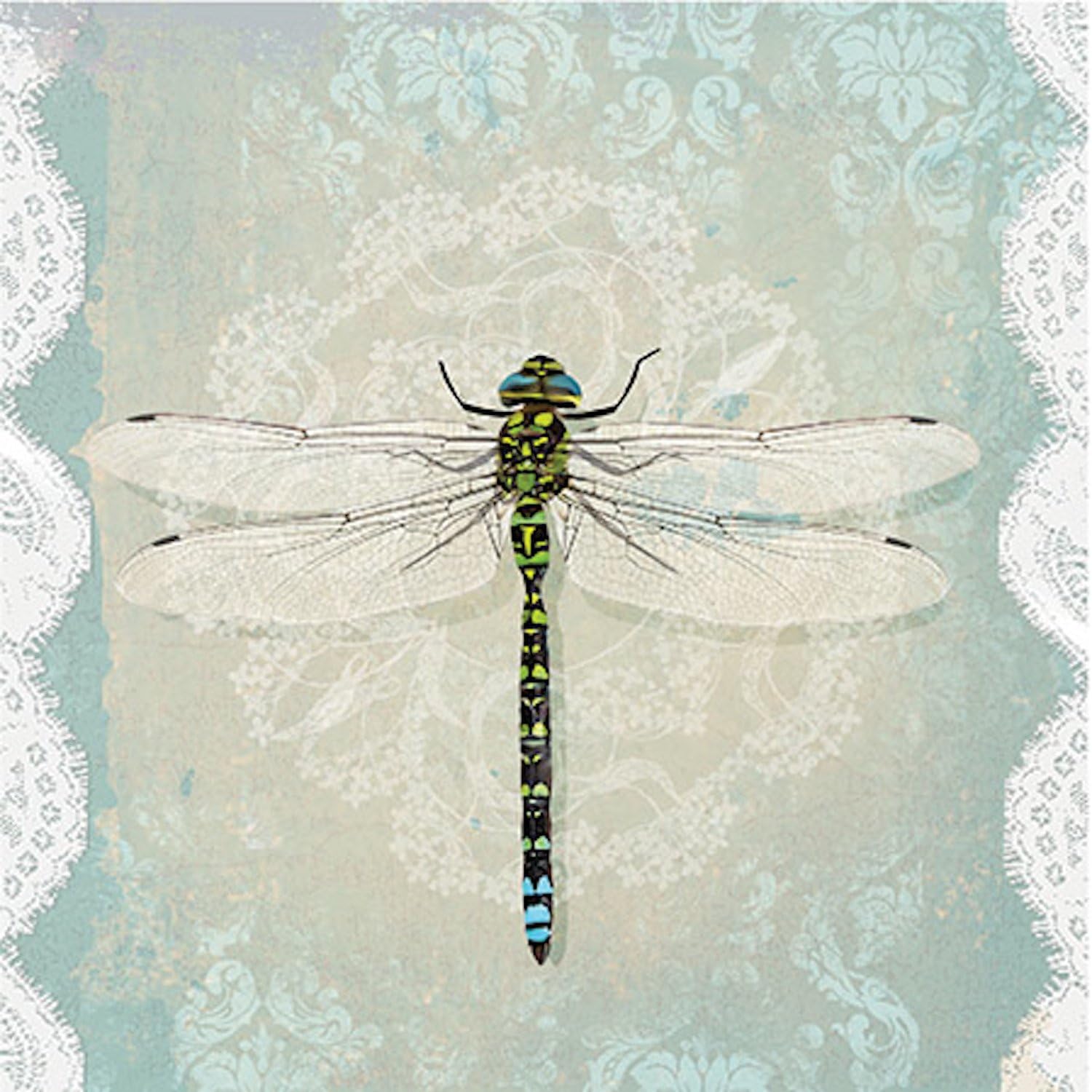Romantic Green Dragonfly Paper Luncheon Napkins 40pcs 13"x13" Decoupage Vintage Lace