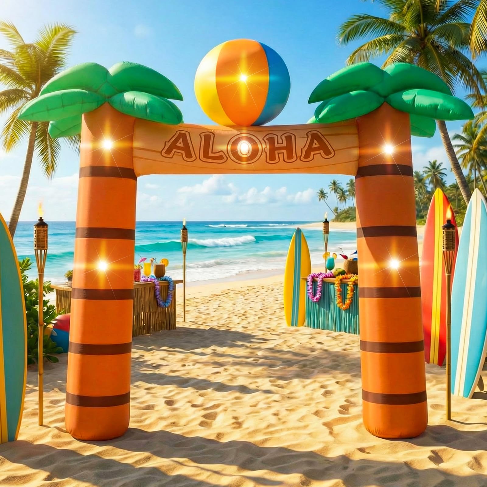 jenaai 9.5 ft giant inflatable palm tree, led blow up arch for party, luau hawaiian tropical beach p
