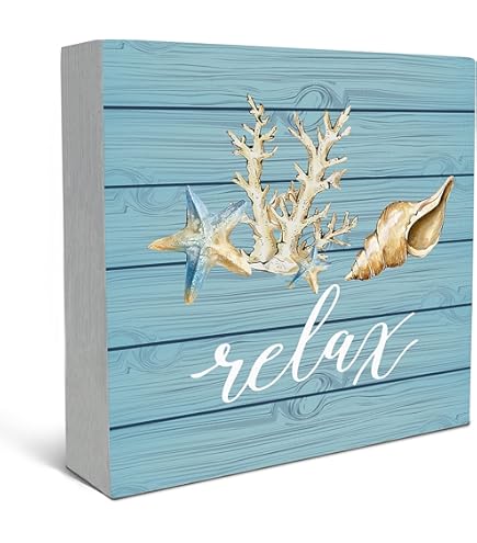 Coastal Beach Desk Decor - 5x5 Inch Inspirational Wooden Box Sign For Bathroom, Office & Beach House Decoration
