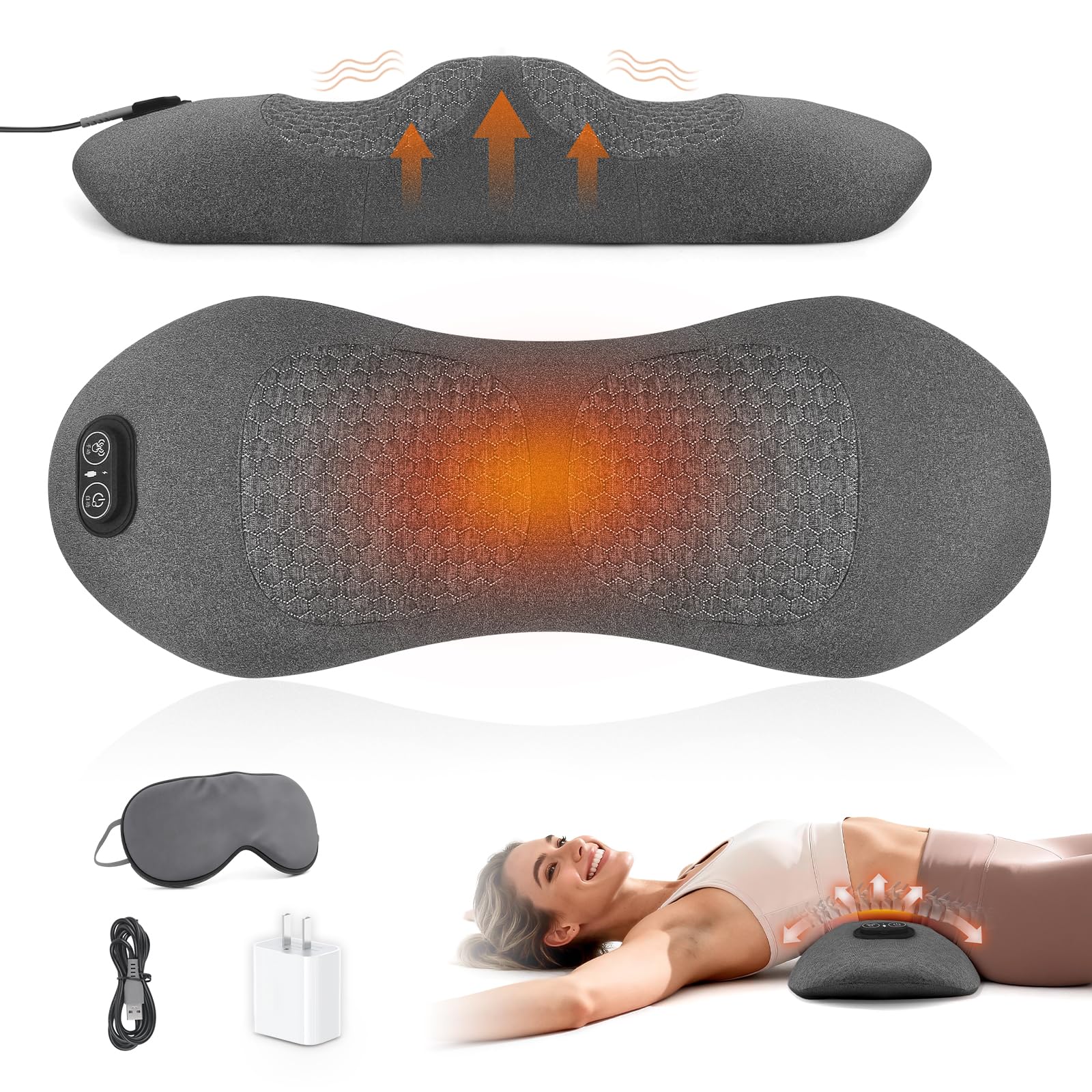 Photo 1 of 3 in 1 Electric Lumbar Support Pillow with Heat, Vibration & Traction – Adjustable Triple Fusion Back Massager for Lower Back & Sciatica Pain Relief, Deep Tissue Relaxation, Memory Foam Cushion