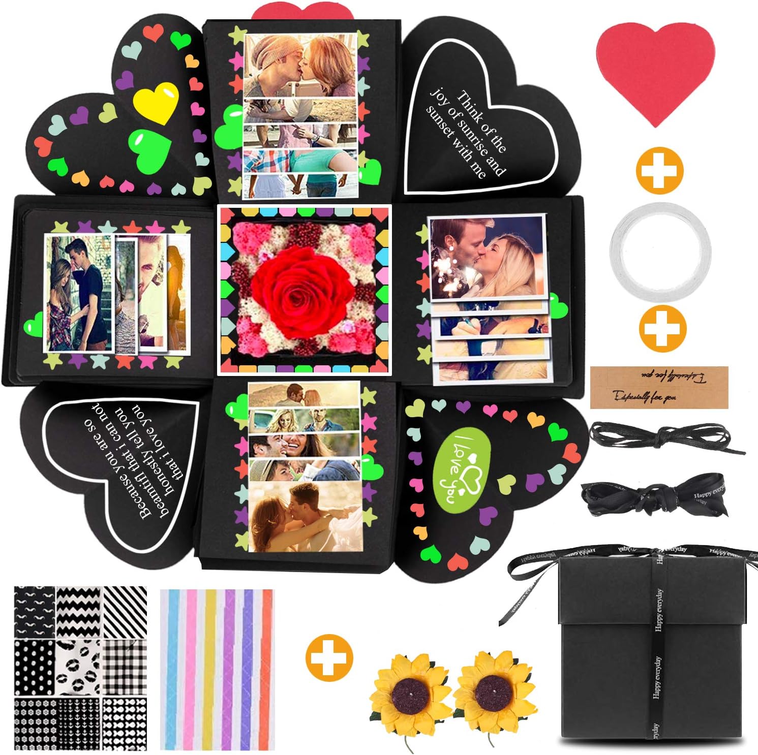 SMAtech Creative Explosion Gift Box，Love Memory DIY Handmade Photo Album Scrapbook, Photo Album Box, as Birthday Gift, Anniversary Gifts, Wedding or Valentine's Day Surprise Box (Black)