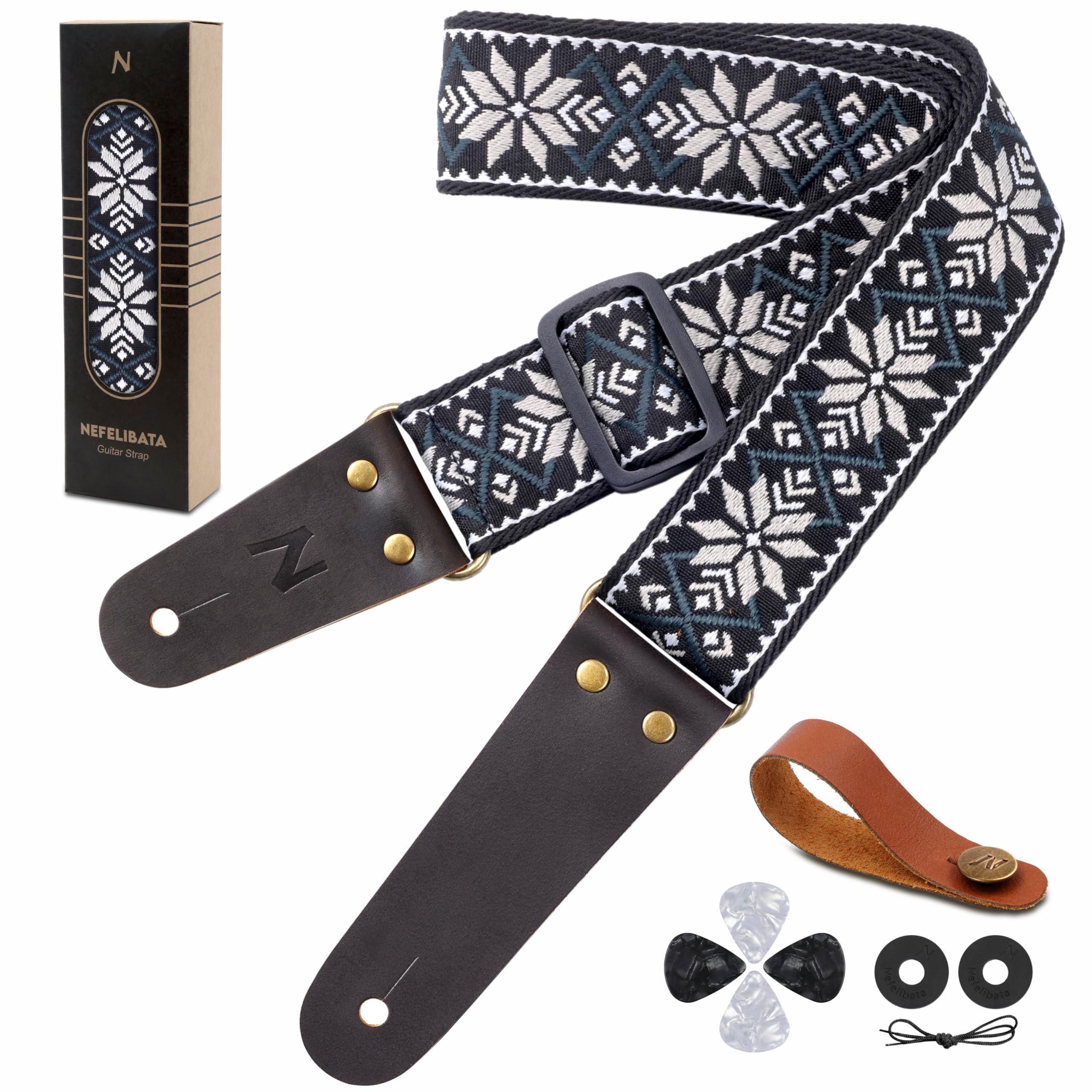 Guitar Strap - Vintage Embroidered Cotton Guitar Straps with Genuine Leather Ends for Bass, Electric, Acoustic Guitars, Come with Free Strap Button, 2 Strap Locks and 4 Guitar Pick (Diamond Green)