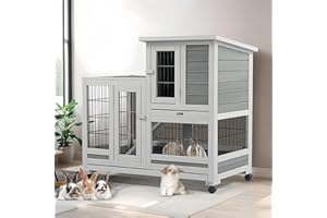 Esright Rabbit Hutch Pet House for Small Animals 37 inches Guinea Pig Cages with Run Bunny House Indoor Rabbit Cage with 4 Casters Removable No Leak Trays & Ladder