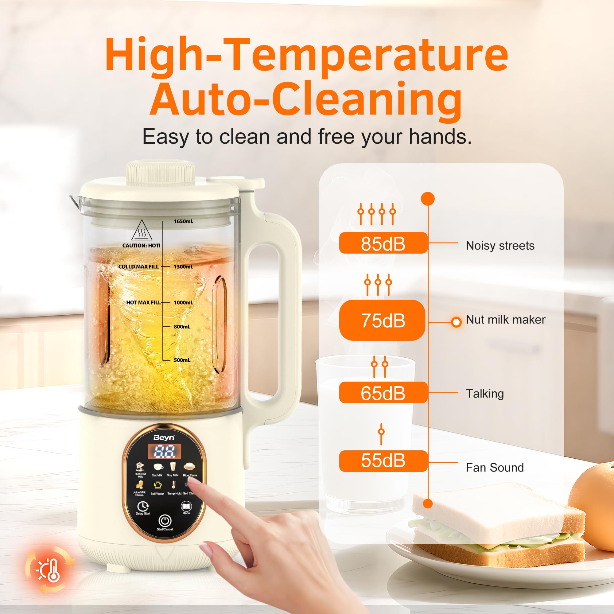 Beyn Máquina para hacer leche de nueces de 60 oz con cuchillas de titanio de 48 hojas, máquina automática para hacer leche a base de plantas 10 en 1 para avena casera, soja, almendras, jugo y más, retención de temperatura, inicio retardado, ebullición y limpieza automática