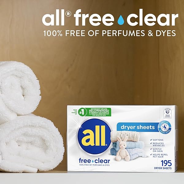 ALL FABRIC SOFTENER DRYER SHEETS FOR SENSITIVE SKIN, FREE CLEAR, 195 COUNT
