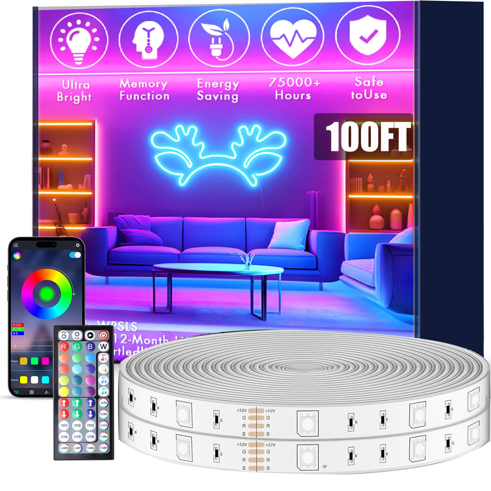 Photo 1 of 100FT Outdoor LED Strip Lights, IP68 RGB LED Lights with Remote and APP Control, Outdoor Strip Lights for Pool, Balcony, Roof, Garden, Stairs (1 Roll)