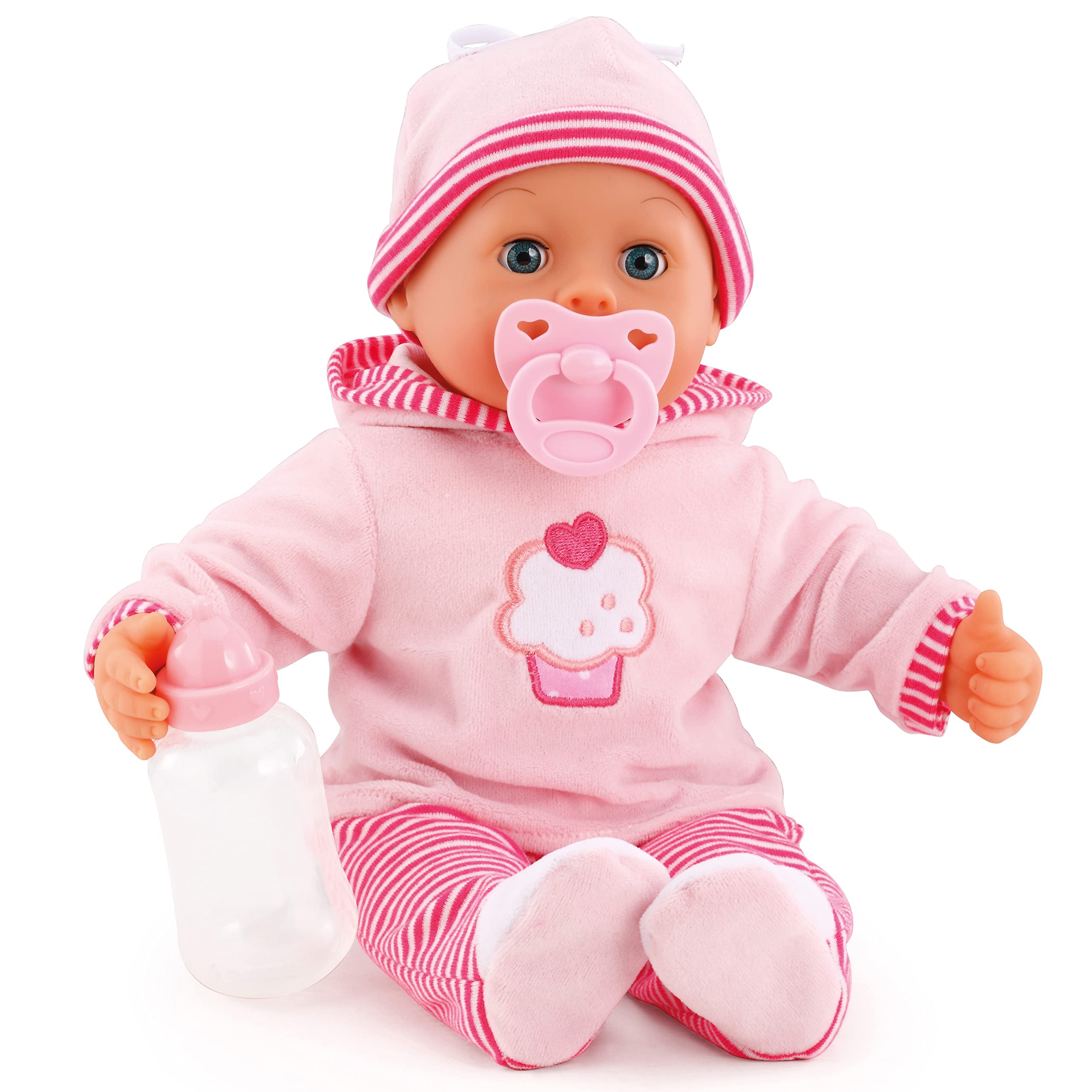 Bayer Design 93816AA Interactive baby doll, soft body, baby sounds, closing eyes, pacifier, bottle, 15 inch, pink with cupcake