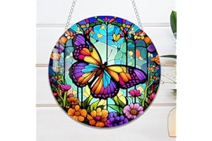 WOHAHA Butterfly Flower Stained Acrylic Window Hanging Panels Indoor Outdoor Round Windows Hanger Kitchen Bedroom Garden Wall Art Decor Gifts for Women Mom Grandma Teacher
