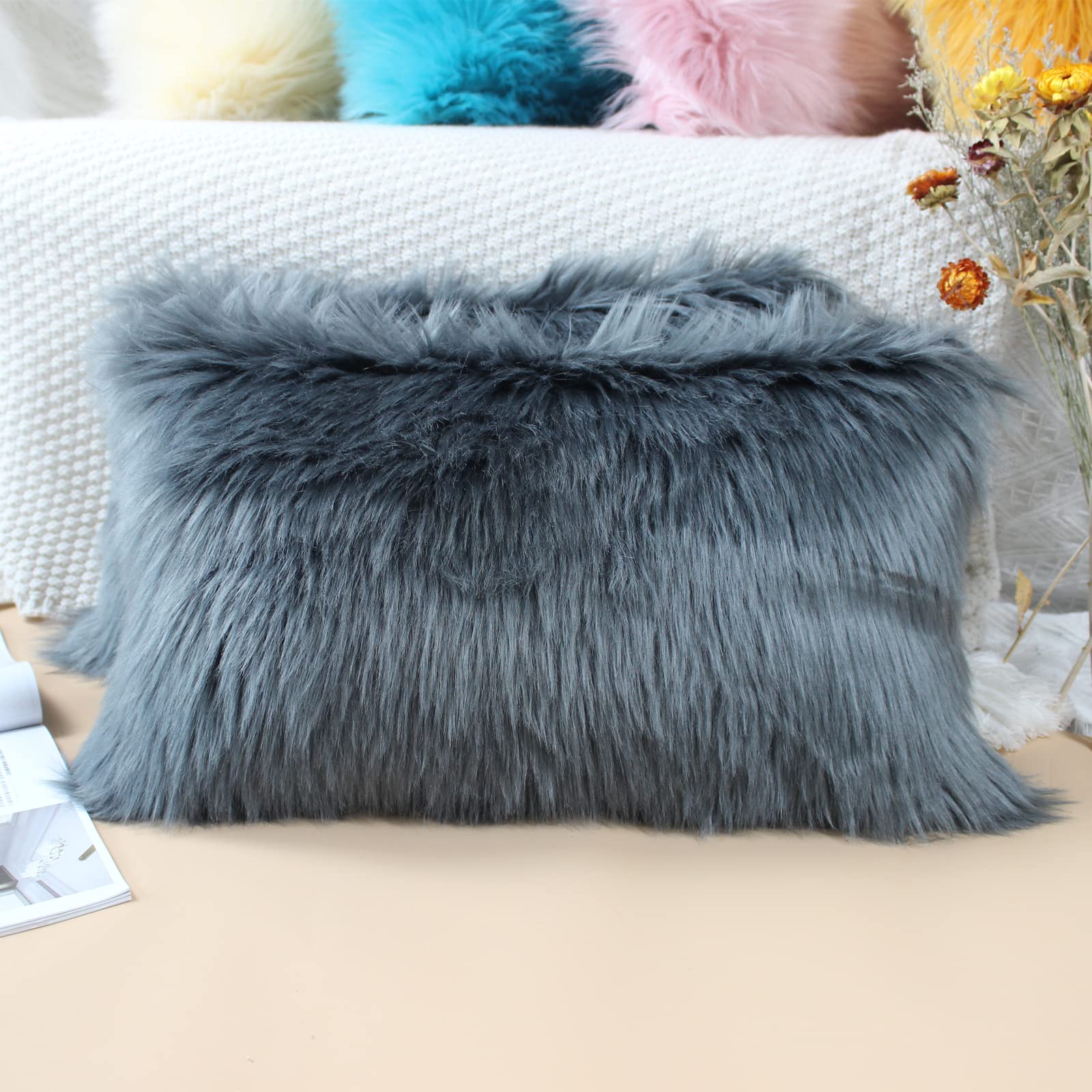 OYIMUA Dark Grey 12 x 20 Inches Cushion Covers Pack of 2 Fluffy Soft Faux Fur Square Pillowcases, Luxury Home Decorative Super Soft Plush Pillow Covers Case 30x50cm for Sofa Bed Living Room