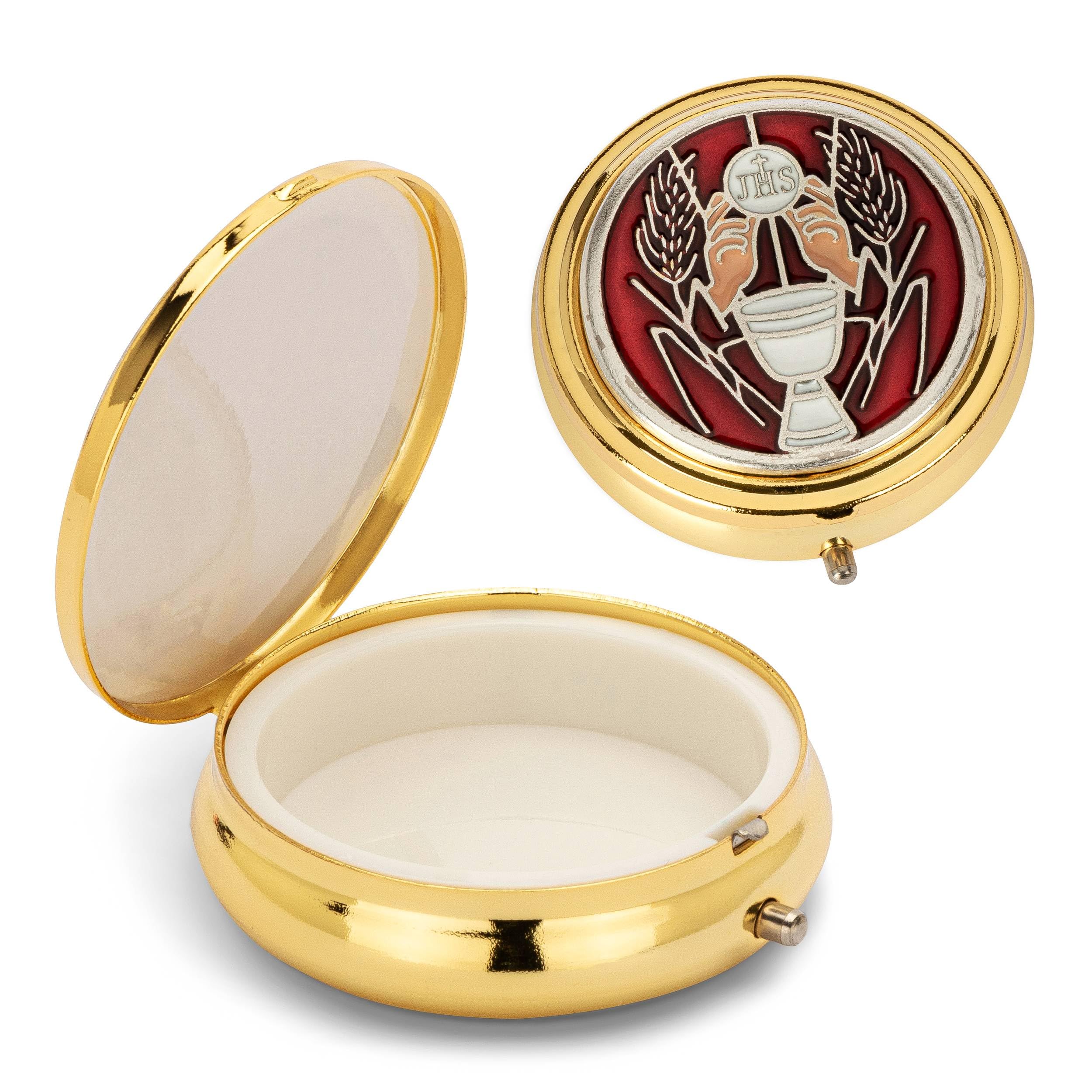 NKlaus Rosary Metal case motif chalice Hostiendose gold red insert inside 4cm 2533