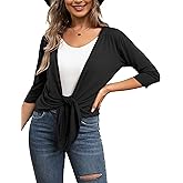 VOIANLIMO Women's Tie Front Casual 3/4 Sleeve Cropped Bolero Lightweight Sheer Shrug Cardigans S-XL
