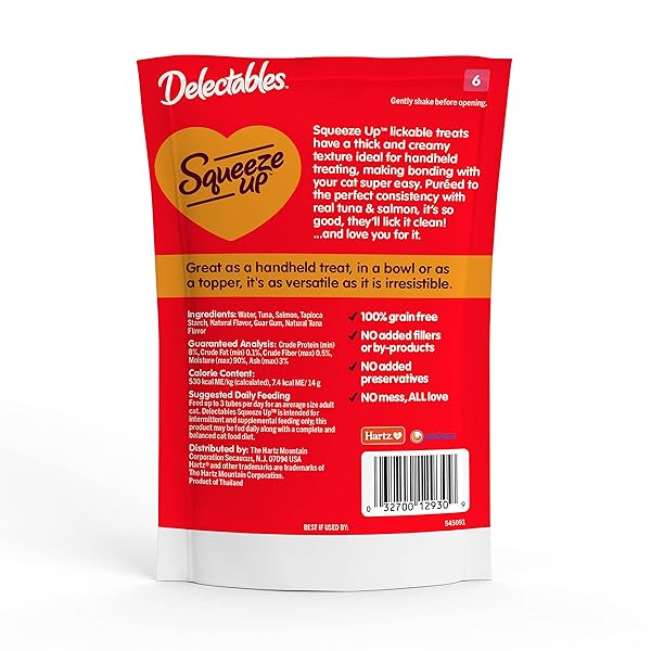 HARTZ DELECTABLES SQUEEZE UP INTERACTIVE LICKABLE WET CAT TREATS FOR ADULT & SENIOR CATS, TUNA & SALMON, 4 COUNT(PACK OF 8)
