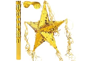 HANAIVE Foil Star Piñata with Blindfold and Bat for Birthday Foldable Star Shape Piñata with Stick Festive Fiesta Party Supplies Favors for Mexican Party (Gold)