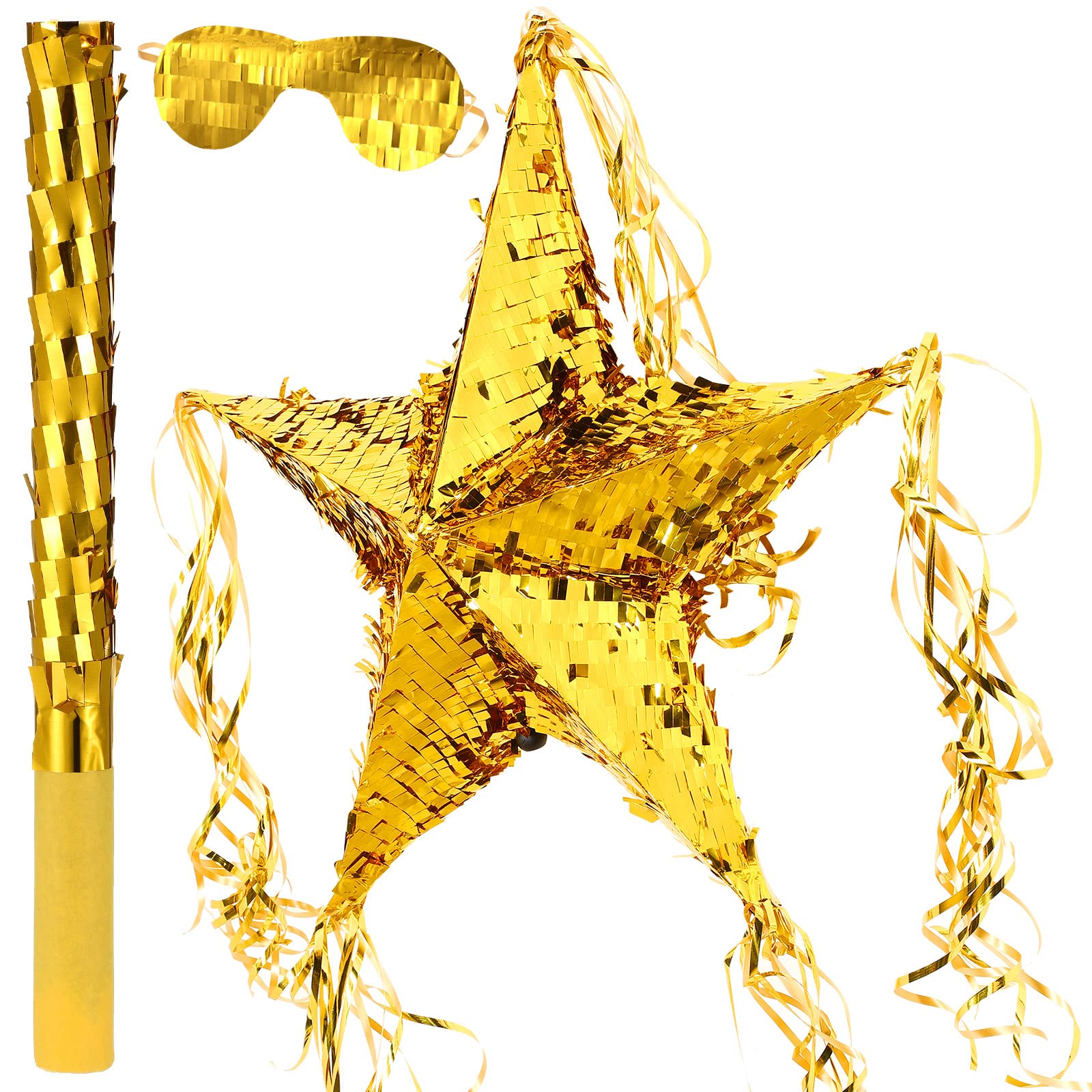 Photo 1 of Foil Star Piñata with Blindfold and Bat for Birthday Foldable Star Shape Piñata with Stick Festive Fiesta Party Supplies Favors for Mexican Party (Gold)