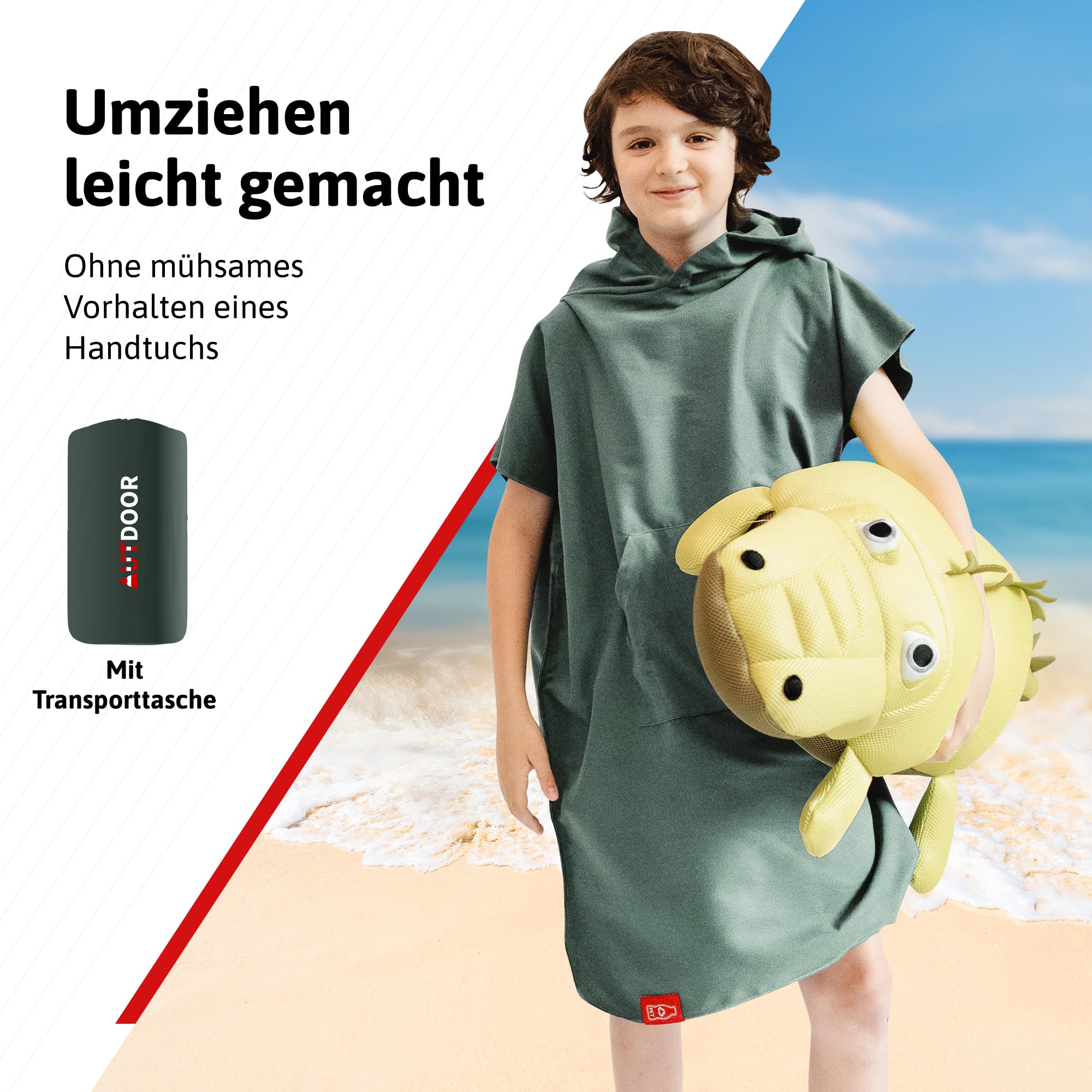 AUTDOOR® Mikrofaser Badeponcho Damen & Herren - nachhaltig aus 100% recycelten PET-Flaschen - Handtuch als Umziehhilfe für Strand und Wassersport - schnelltrocknend & kompakt (Grün, Kids) 2