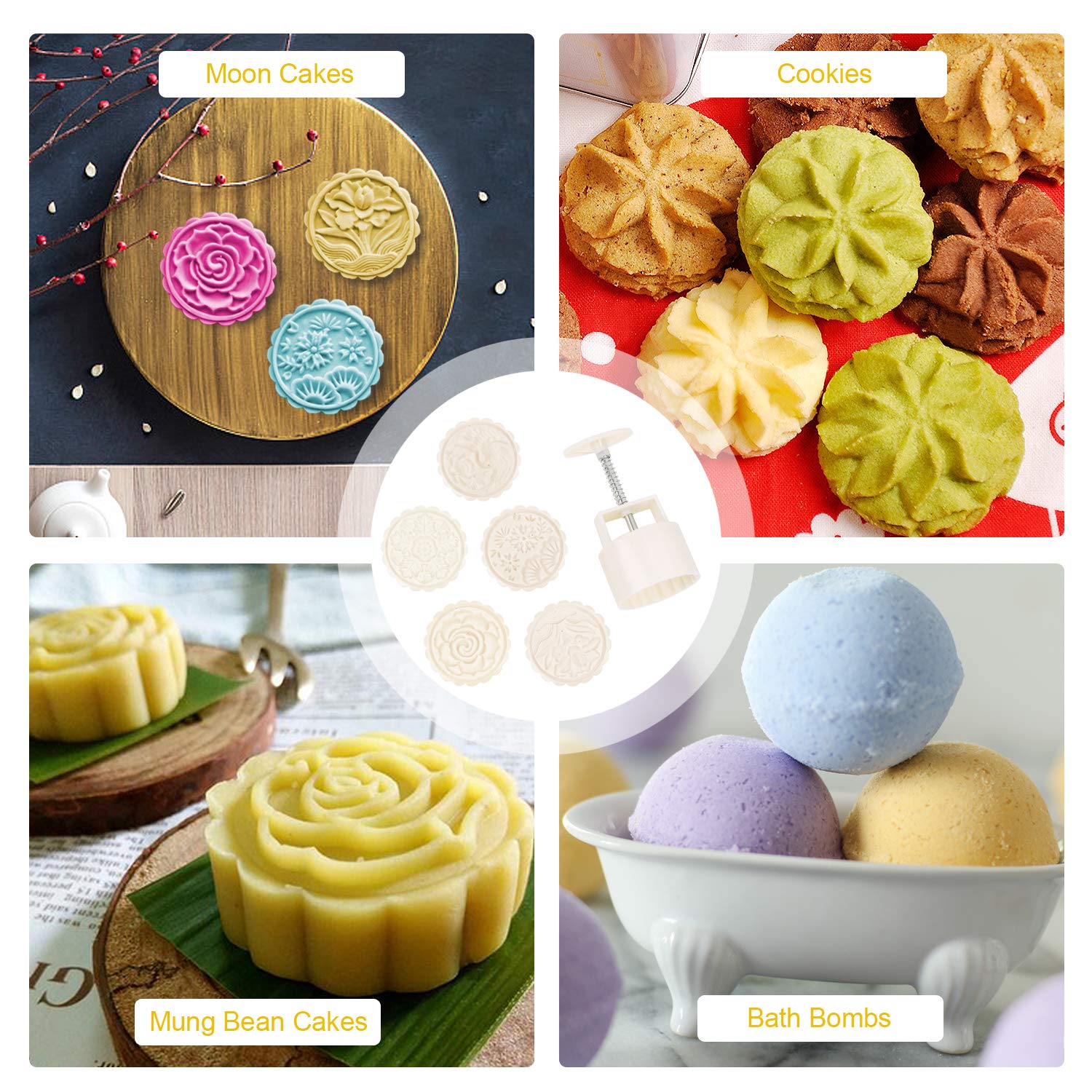 Mooncake Mold Cookie Stamps 125g, Mid-Autumn Festival Hand Pressure Moon Cake Maker DIY Dessert Mold