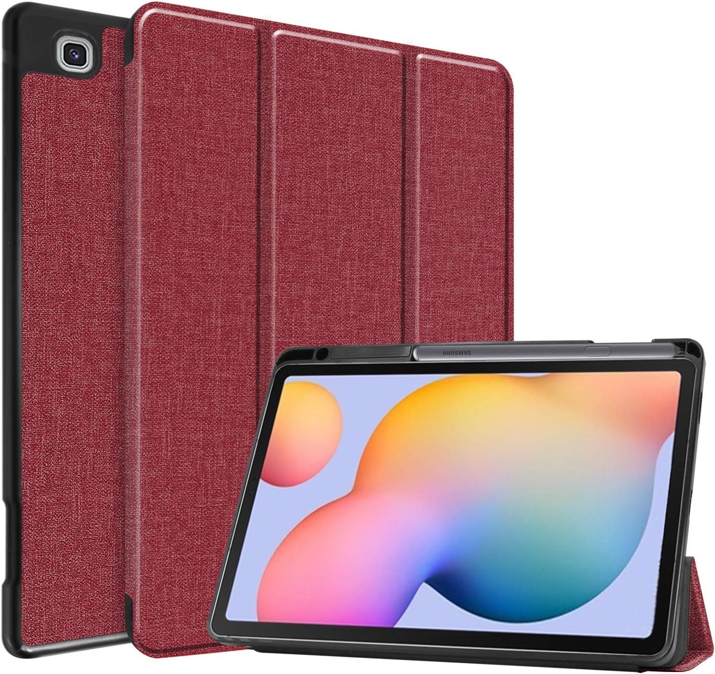 GWYLH Vegan Leather Case for Samsung Galaxy Tab S6 Lite, Slim Tri-Fold Case Magnetic Soft TPU Back Cover Stand for Samsung Galaxy Tab S6 Lite SM-P610 P615, Pencil Cover Auto Wake/Sleep Wine