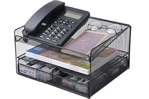 superbpag Desk File Organizer Counter Telephone Stand Paper Organizer Storage Rack with Pull Out Mesh Drawer, Black