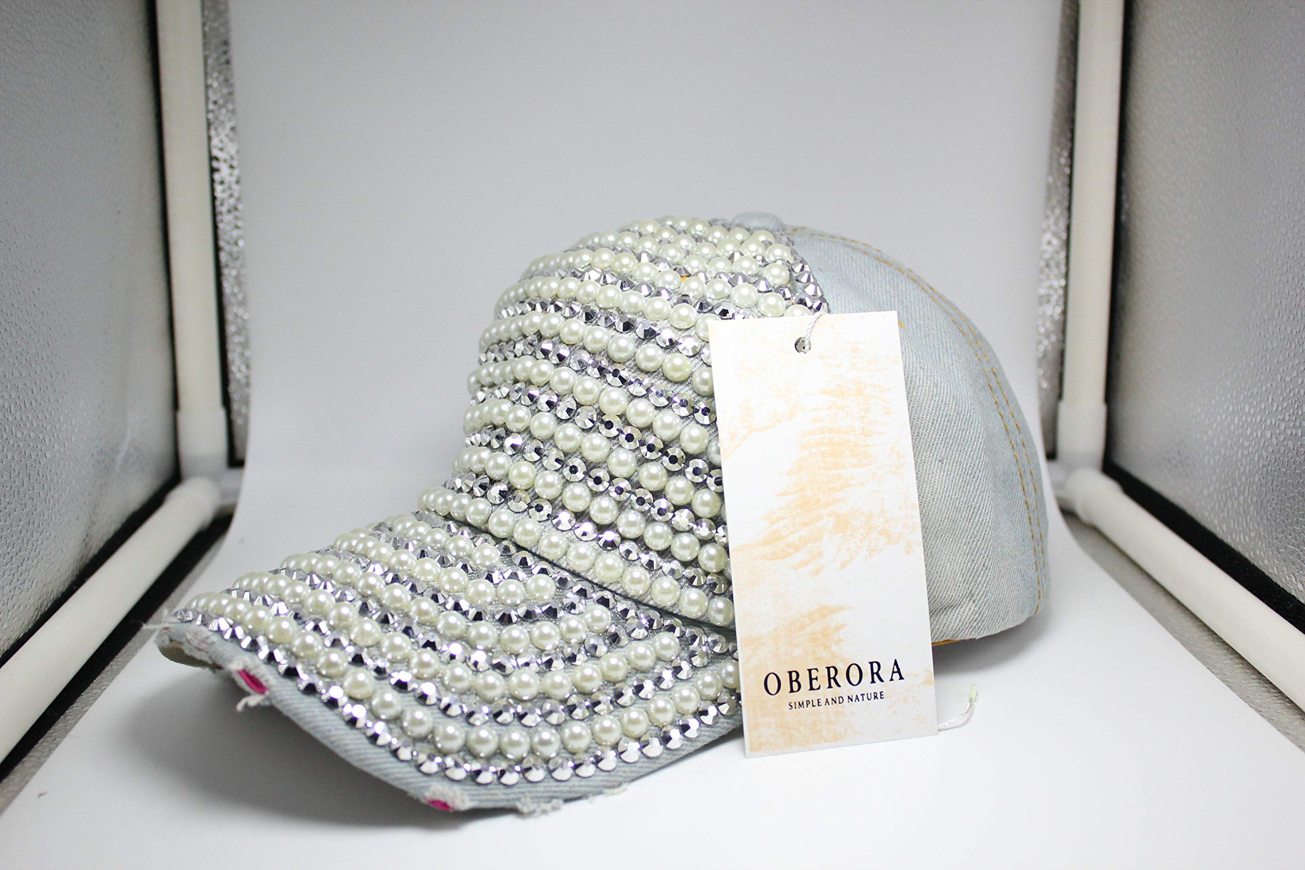 OBERORA Women\'s Rhinestone Denim Pearl Crown Baseball Caps Studded Bling Ponytail Sun Hat Adjustable