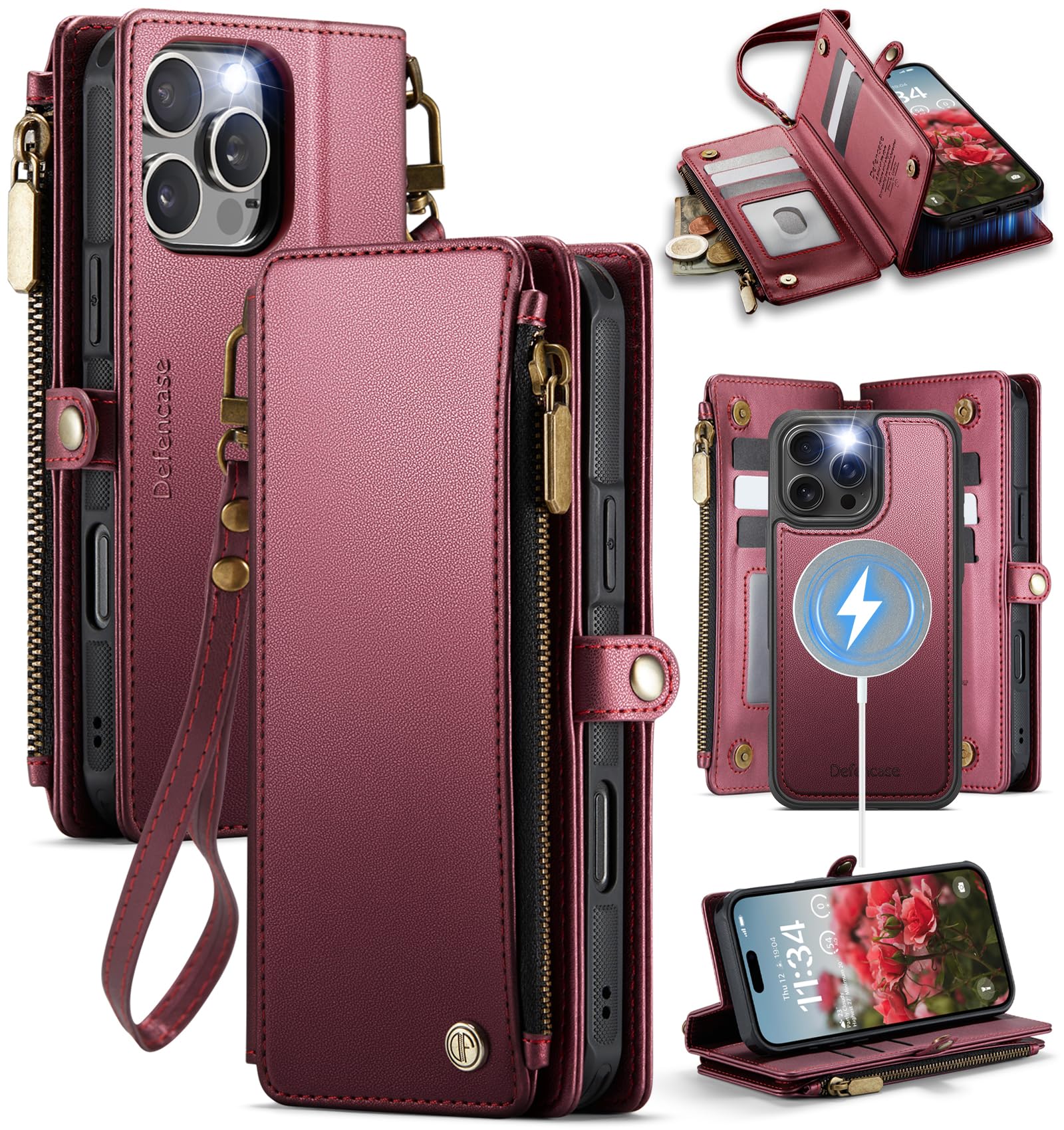 Photo 1 of Defencase for iPhone 16 Pro Magnetic Wallet Case Compatible with Magsafe with RFID Blocking Zipper Strap Card Holder for Women Men PU Leather Detachable Case for iPhone 16 Pro (6.3 inches), Wine Red