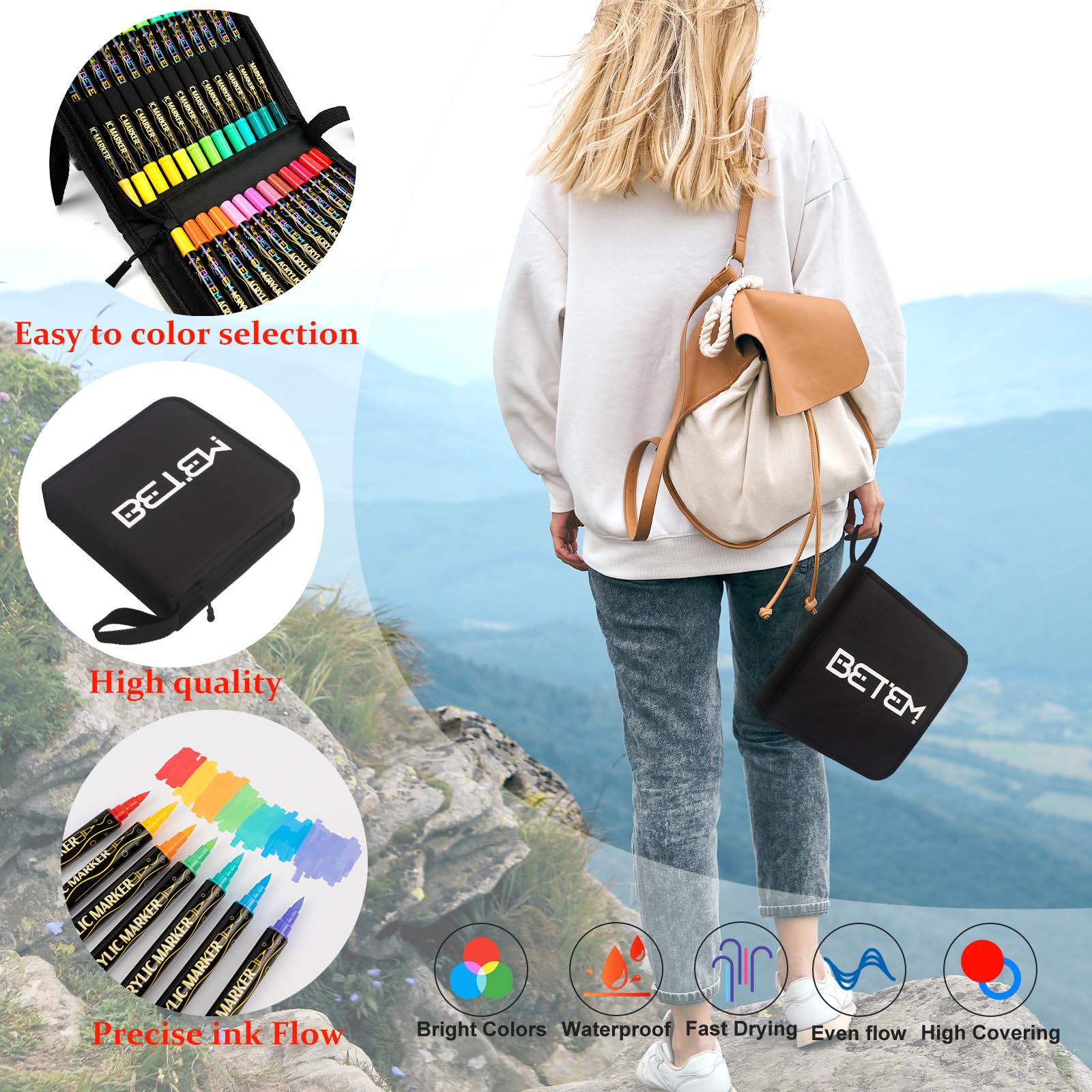 Betem Paint Markers Acrylic Paint Pens, Dual Tip 48 Colors Acrylic Markers with Brush Tip and Fine Point, Art Supplies for Wood, Canvas, Stone, Glass, Rock Painting Kit DIY Crafts Drawing Kit with Bag