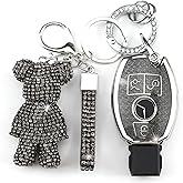 Rayslesan Cute Key Fob Cover with Rhinestone Bear Charm, Bling TPU Smart Key Case for Women, Compatible with Mercedes Benz C/C AMG, E/E AMG, R S G CL GLK ML Series (3-Button, Silver Black)