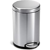 simplehuman Round Step Can, 4.5L / 1.2 Gallon Compact Bathroom Trash Can, 150,000-Step Pedal, Lid Shox&reg; Silent Close, Removable Inner Bucket, Brushed Stainless Steel