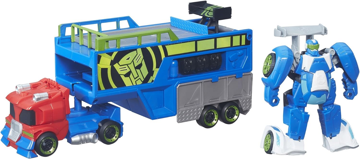 playskool heroes transformers rescue bots optimus prime racing trailer