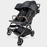 Strolee Lightweight Double Side by Side Stroller for Travel - 22 Lbs, 9.5" Compact Fold, Infant to Toddler, No Rethread Harness, Magnetic Buckle &amp; Ultra Plush Seat 60Lb Max Per Seat- (v2 Black)