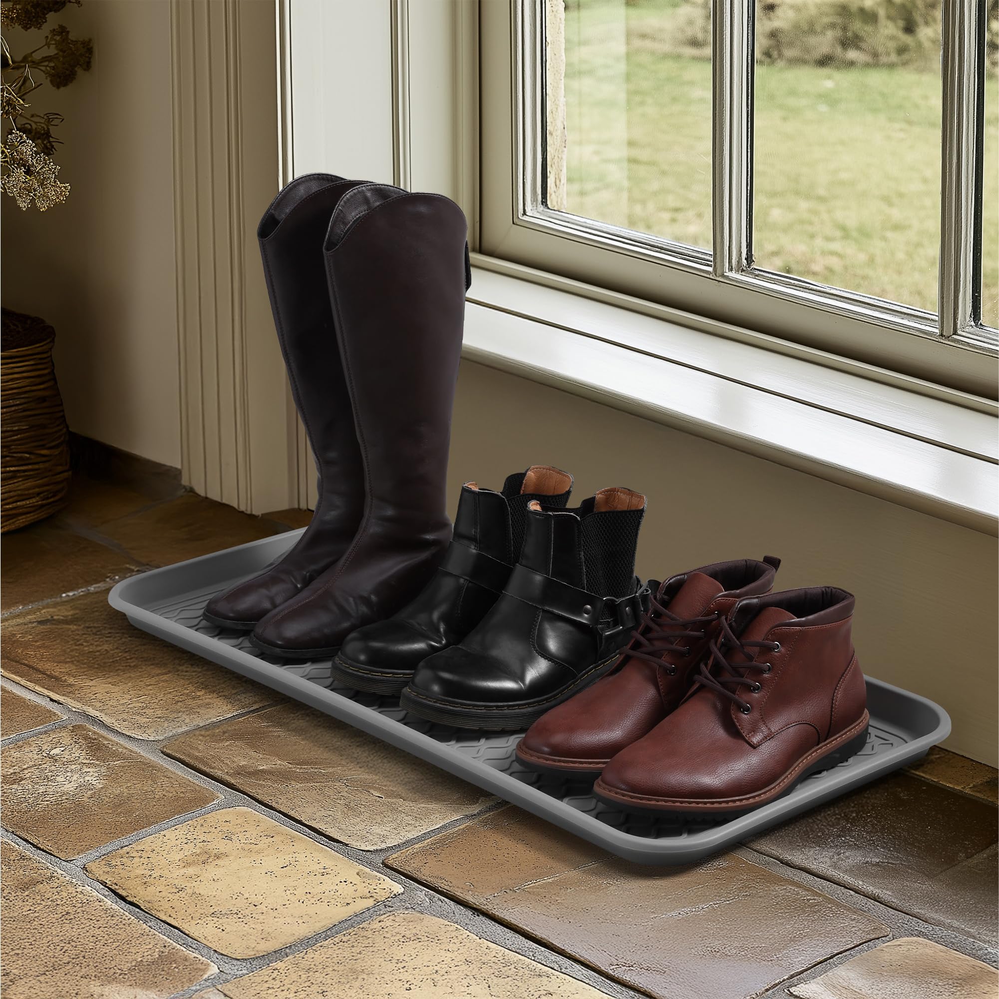 Navaris Shoe Storage Large Plastic Tray - Waterproof Indoor or Outdoor Boot Drip Tray - Big Shoe Mat, Muddy Boots - Rain Boot Tray for Boot Rack or Stand - Grey