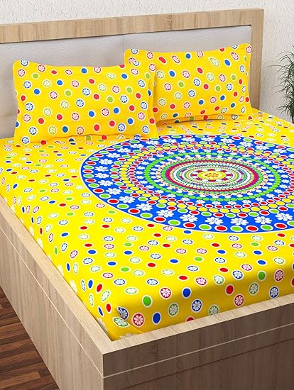 Story@Home 152 TC 100% Cotton Premium Jaipuri Rajasthani Print Vintage Collection 1 Double Bedsheet with 2 Pillow Cover - Yellow