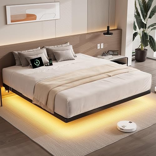 ONBRILL Full Size Floating Bed Frame with USB Charging Station and ...