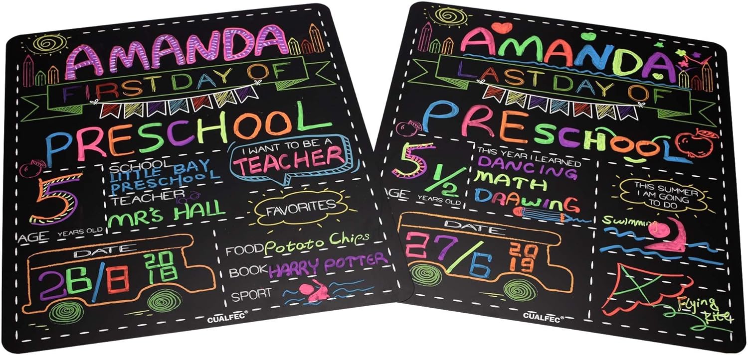 Personalized First Day and Last Day of School Sign 13" x 16" Large Chalkboard Style Photo Prop Back to School Supplies - 2 Pcs : Office Products